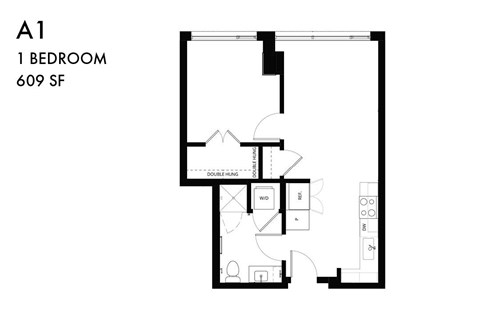 Floor plan for 1 bed, 1 bath, 653 sqft